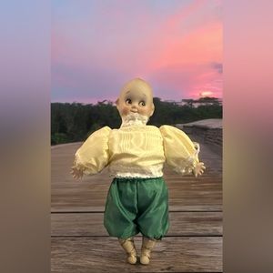 Vintage  Kewpie Look Doll Bisque Porcelain & Cloth  Boy Doll W/ Clothing 10.5”